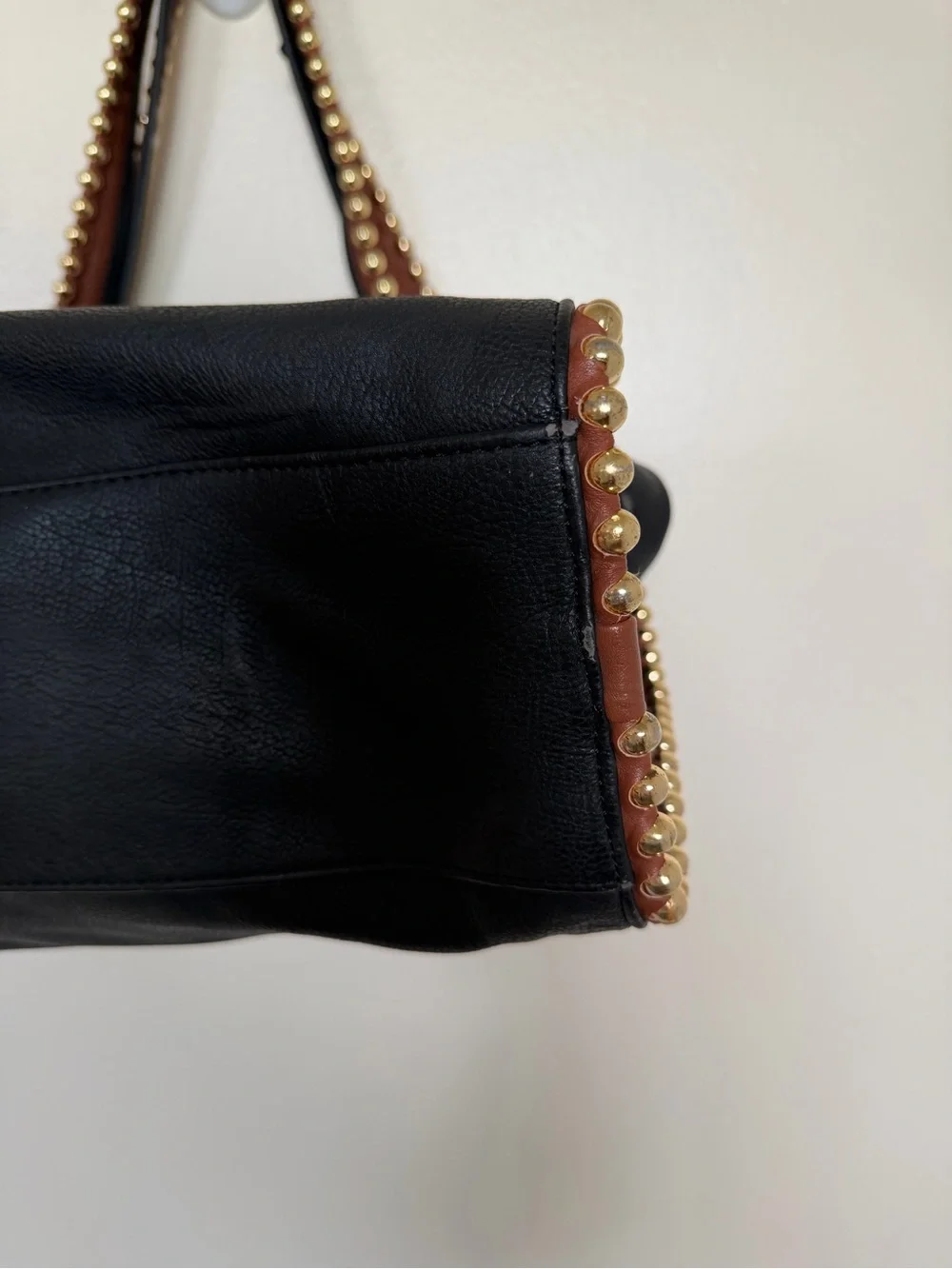 BIG BUDDHA Black Large Hobo Shoulder Bag with Cognac Brown Gold Bead Trim